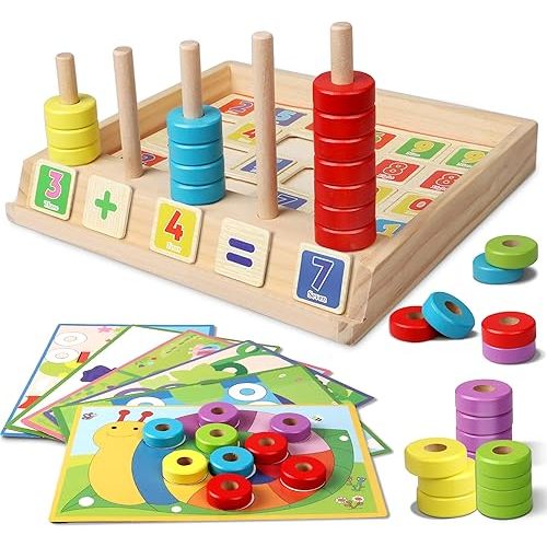 Lydaz Montessori Math Toys for Toddlers, Wooden Math Manipulatives with Counting Number Blocks, Preschool Learning Activities, Educational Math Toy for Kids 3-5, Easter Birthday Gifts for Boys Girls