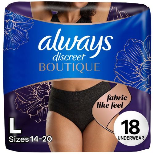 Always Discreet Boutique Adult Postpartum Incontinence Underwear for Women - Black - Large