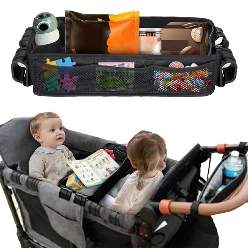 Stroller Snack Tray Compatible with Wonderfold Wagon, Thickened Waterproof Faux Leather Wagon Accessories, Comes with Cup Holder and Storage Net Bag Universal Stroller Snack Tray（W4 Series Thickened）