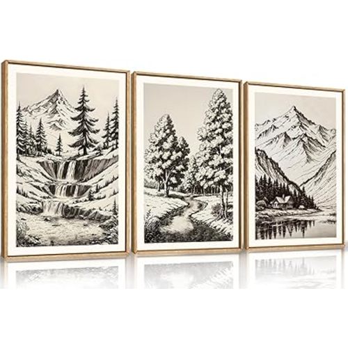 HOURIA Large Vintage Mountain Sketch Framed Canvas Wall Art Set,Modern Pine Tree Wall Decor, Natural Botanical Wall Painting,Retro Abstract Art Print for Living Room,Bedroom,Office- 16"x24"x3