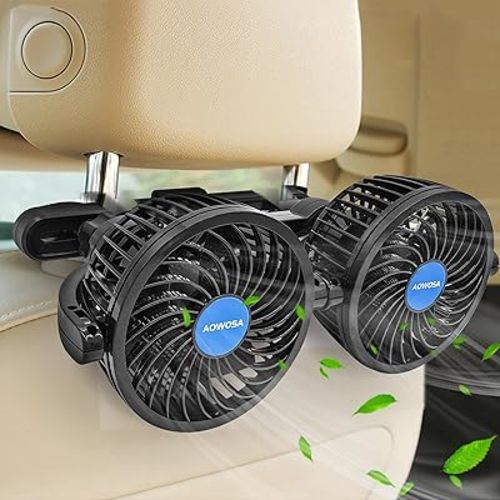 AOWOSA Car Fan for Backseat Auto 12V Electric Cooling Fan Portable Car Seat Headrest for Sedan SUV RV Boat, with 360° Rotatable Dual Head, Stepless Speed Regulation, Cigarette Lighter Plug