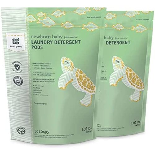 Grab Green Newborn Baby Laundry Detergent Pods, 60 Count, Fragrance Free, Plant and Mineral Based, Formulated to Tackle Newborn (0-4 Months) Laundry Stains
