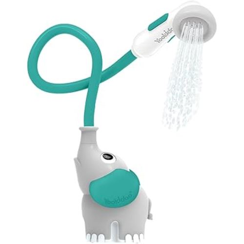 Yookidoo Baby Bath Shower Head – Elephant Water Pump with Trunk Spout Sprayer & Rinser, Dual Knob Flow Control, Bath Time Essential for Newborns, Tub or Sink (Forest Green)