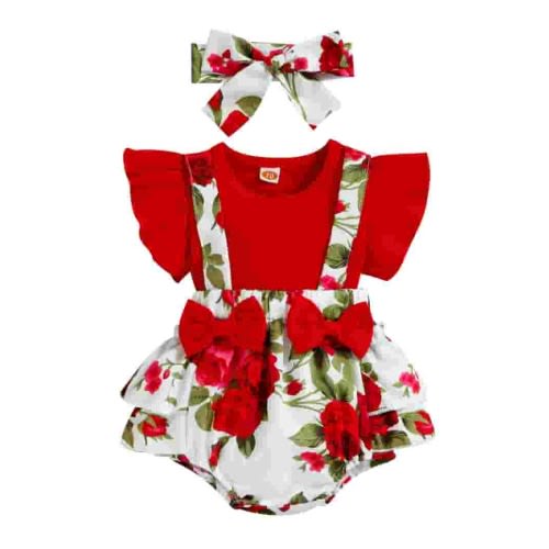 ASNOUIFU Baby Toddler Girls Fake Two Piece Romper Dresses 0 3 6 12 18 Months Suspender Bowknot Patchwork Donut/Flower Printed Ruffle Triangle Bodysuit with Headband