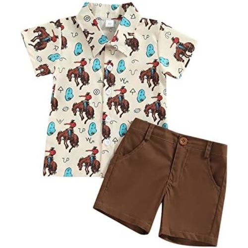 fhutpw Baby Toddler Boy Outfits 2T 3T 4T 5T Clothes Summer Kids Pattern Short Sleeve Button Down Shirt & Shorts Set