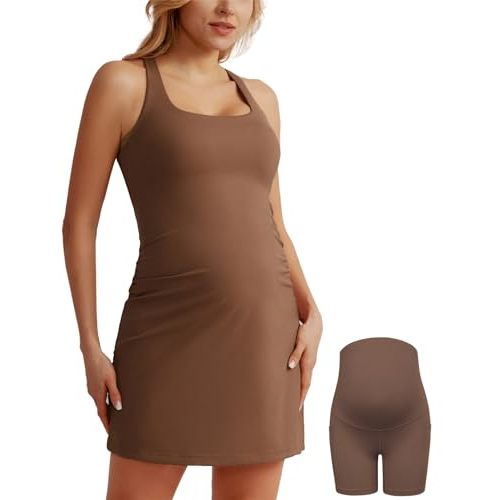 Maacie Maternity Tennis Dress with Shorts and Built in Bra Scoop Neck Sleeveless A-line Workout Golf Dress with Pockets
