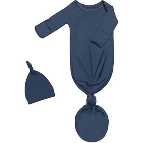 Newborn Baby Knotted Gown, Super Soft Silky Infant Long Sleeve Sleeper for Baby Girl and Boy Sleeping Bag with Hat (Sea Blue, Newborn)