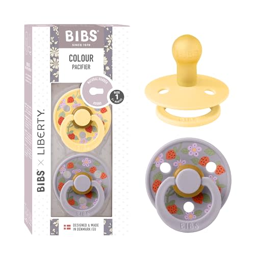 BiBS Liberty Pacifier 2-Pack, BPA Free Pacfiers with Natural Latex Round Nipple, Made in Scandinavia, Size 1 (0-6 Months), Strawberries and Cream Pale Butter Mix