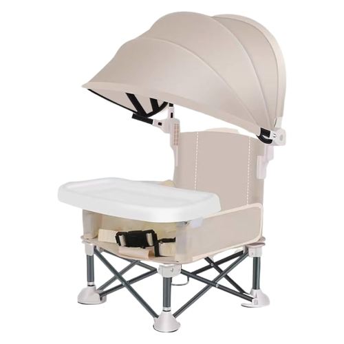 curfair Foldable Baby Travel Seat with Sunshade Portable Booster Seat with Tray for Baby Feeding Seat and Toddler Chair for Babies and Toddlers for Indoor/Outdoor Camping, Beach, Lawn Beige