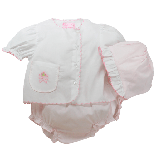 Petit Ami Girls White & Pink Diaper Set Shadow Stitch Bow