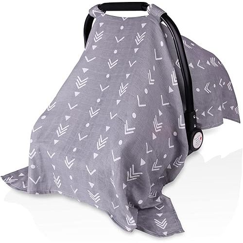 Muslin Baby Car Seat Canopy, Metplus Infant Carseat Cover - Extra Wide Universal Fit, Lightweight Breathable Soft for Babies Girls Shower Gift (Arrow)