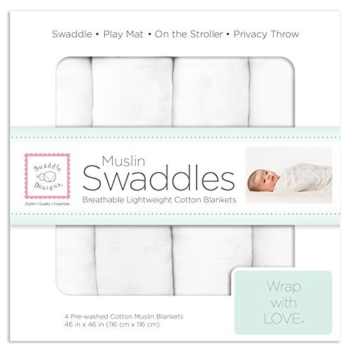 SwaddleDesigns Cotton Muslin Swaddle Blankets, Set of 4, Receiving Blankets for Baby Boys & Girls, Best Shower Gift, 46x46 inches, Pure White