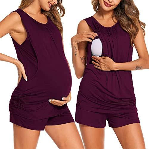 Ekouaer Women Maternity Nursing Pajama Set Breastfeeding Double Layer Pregnancy Pjs Set Sleeveless Top & Shorts with Pockets