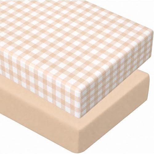 Peryiter 2 Pack Gingham Crib Sheets for Girls Boys Khaki Checkered Bed Sheet Set Fitted 52'' x 28" for Standard Crib Mattress Stretchable Soft Toddler Aesthetic Nursery Decor