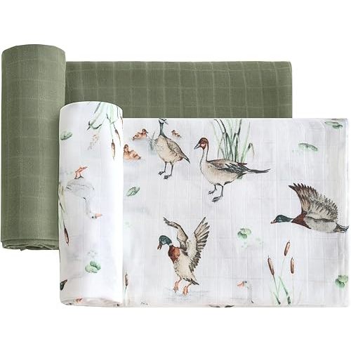 LifeTree Muslin Swaddle Blankets Neutral, Baby Swaddling Wrap Nursery Receiving Blanket for Boys & Girls, 70% Viscose from Bamboo and 30% Cotton, Large 47 x 47 inches Mallard Duck/Olive Green