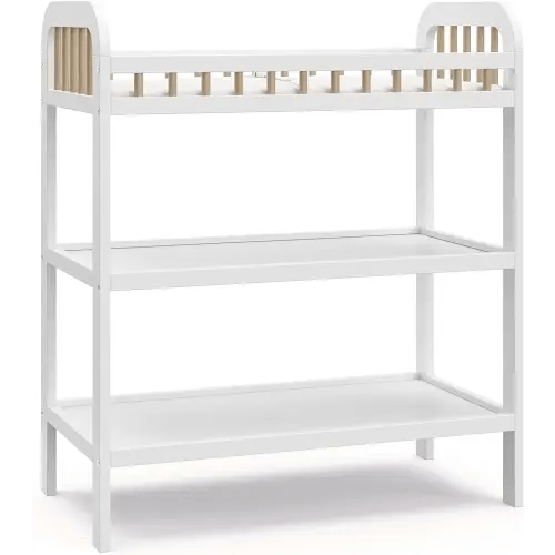 Storkcraft Pasadena Changing Table with Water-Resistant Changing Pad (White with Driftwood) - GREENGUARD Gold Certified, Includes Bonus Water-Resistant Changing Pad with Safety Strap, 2 Open Shelves