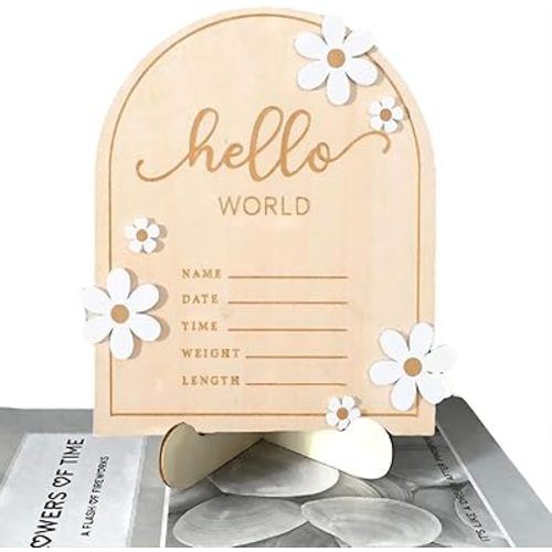 Wooden Baby Announcement Sign 7.1 Inch Wooden Hello World for Baby Showers - Newborn Birth Announcement Board, Daisy Wooden Baby Milestone Card, Hello World Hospital Nursery Information Record Board