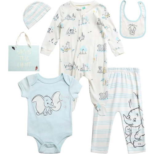 Disney Newborn Baby Layette Set - 6 Piece Disney Bodysuit Coveralls Sweatpants, Hat, Gift Bag (0-6M)