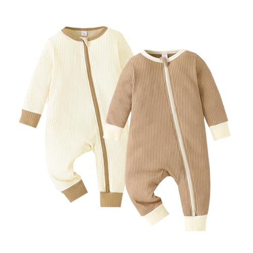 Bafeicao Unisex Baby Boy Girl 2 Pack Rompers Long Sleeve Two Way Zipper Romper One Piece Jumpsuits Clothes Sets