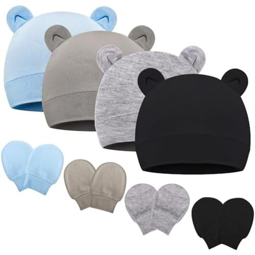 Newborn Baby Hats and Mittens Set Bear Ear Baby Beanie No Scratch Cotton Infant Caps Gloves Newborn Hats for Boys Girls