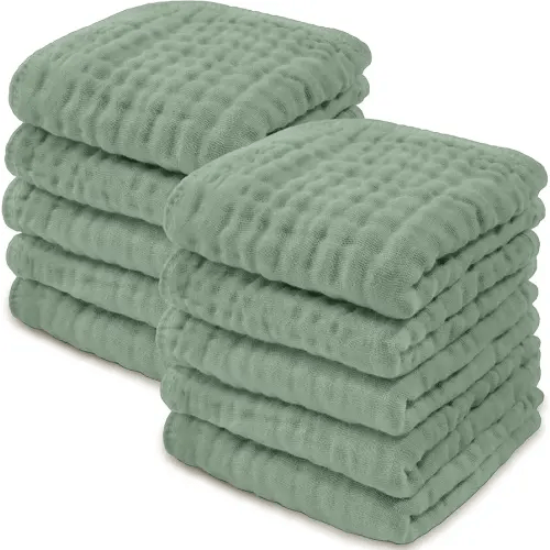 Comfy Cubs Muslin Baby Washcloths 10 Pack - Soft 6-Layer Cotton Wash Cloths for Sensitive Skin - 10"x10" Large, Gentle, Absorbent Infant Essentials for Newborn and Toddlers - Fern