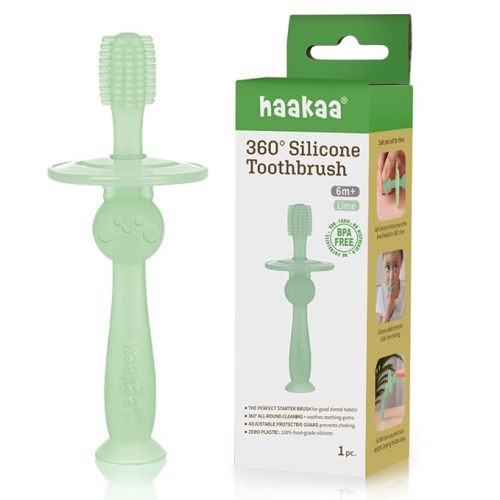 Haakaa 360° Silicone Baby Toothbrush – 100% Soft Food Grade Silicone, BPA-Free, Suction Base, Safe for Babies 6 Months+, Gentle Gum and Teeth Cleaning for Infants, Gum Massager (Pink)