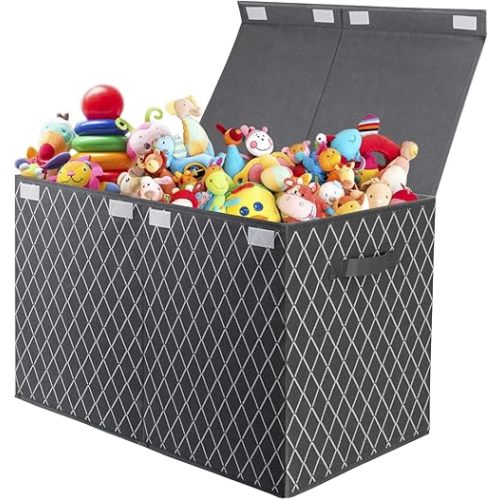 Kids Toy Box Chest Storage Bins for Boys Girls, Large Fabric Collapsible Storage Basket Container with Flip-Top Lid & Handles for Clothes,Blanket,Nursery,Playroom,Bedroom, 24.5”x13”x16” (Gray)