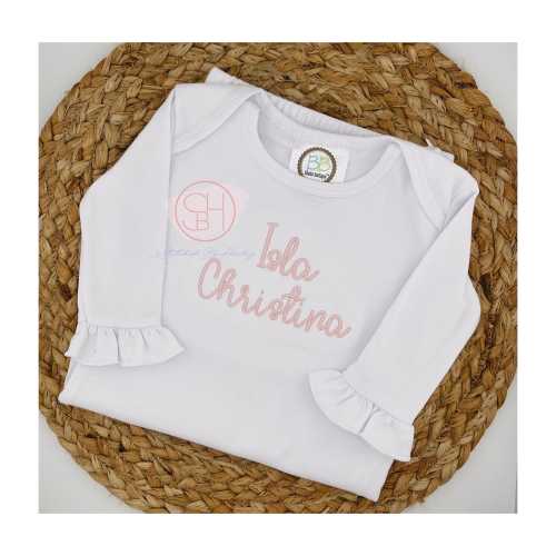 Personalized Baby Gown: Embroidered Girl Name, Ruffle Sleeves