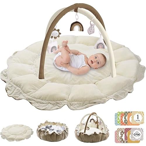 5-in-1 Convertible Baby Play Gym with 6 Toys, Tummy Time Mat for Sensory Development, Baby Activity Center from Newborn to Toddler, Ball Pit, Cat & Dog Bed, Soft Plush Pet Bed, No Ball Included Brown