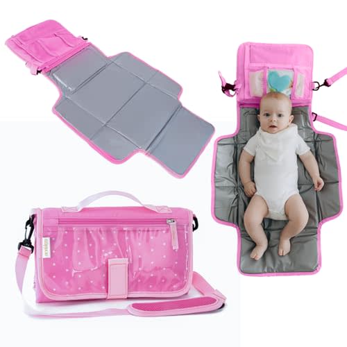 Portable Diaper Changing Pad for Baby | Fits Most Public Changing Tables | Touchscreen-Friendly Pockets | Hook and Loop Closure | Newborn Essentials | Baby Shower Gifts | Washable Japanese (Pink)