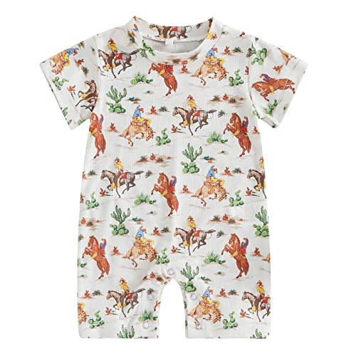 Gueuusu Country Baby Clothes Boy Girl Western Cow Print Short Sleeve Romper Bodysuit Ribbed One Piece Jumpsuit Summer Outfit