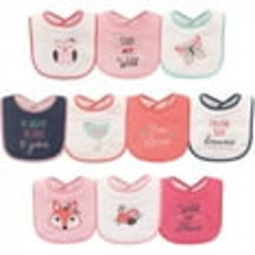 Hudson Baby Infant Girl Cotton Terry Drooler Bibs with Fiber Filling 10pk, Girl Fox, One Size