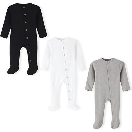 ACESTAR Newborn Baby Footed Pajamas with Mitten Cuffs - Cotton Snap-Up Baby Sleepers for Sleep and Play Footies 0-12 Months - 0-3 Months - 3 Pack-black&white&light Grey