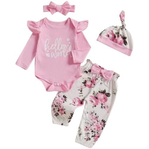Newborn Girl Going Home Outfit Baby Preemie Hello World Ribbed Romper Top Floral Pants Set Leaving Hospital Clothes
