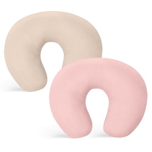 Winmany 2 Pack Muslin Nursing Pillow Covers Soft Cotton Newborn Breastfeeding Pillow Cover Baby Feeding Pillow Slipcover Shower Gifts for Boys Girls (Beige + Pink)
