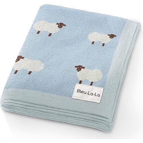 Knit Baby Swaddle Blanket for Boys - 100% Cotton Soft Cozy Lightweight Receiving Swaddling Crib Stroller Quilt Blanket for Newborns Infants Toddlers (Sheep - Baby Blue)