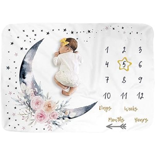 BUTTZO Floral Moon Baby Monthly Milestone Blanket, 40" x 60", Fleece, Unisex, Lightweight