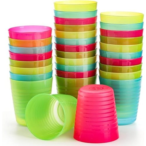 Dicunoy 32 Pack 8oz Reusable Plastic Kids Cups, Small Drinking Tumbler, Toddler Cup Unbreakable Colored Open Cups, Small Drinking Cup for Toddler, Stackable Rainbow Tumbler for Juice, Party