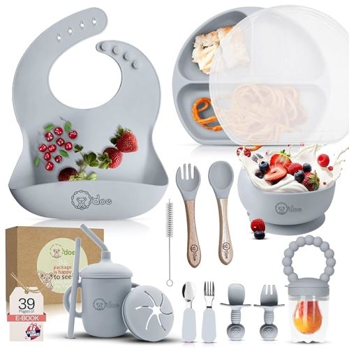 O'doe 17-Piece BPA-Free Silicone Baby Feeding Set | Thick & Soft Suction Plates, Baby Bowls, Wooden Fork & Spoon, and More | Make Mealtime Fun and Easy for Your Little One (Grey, V2)