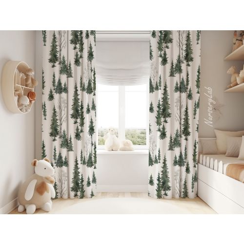 Watercolor Forest Tree Baby Boy Room Curtain Nursery Curtains Window Curtains