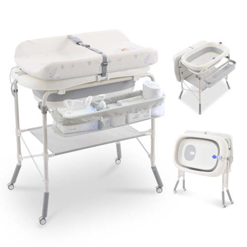 2-in-1 Baby Changing Table with Bathtub, Akaber Newborn Foldable Portable Diaper Station, Adjustable Height with Wheels, Waterproof Pad, Storage Rack