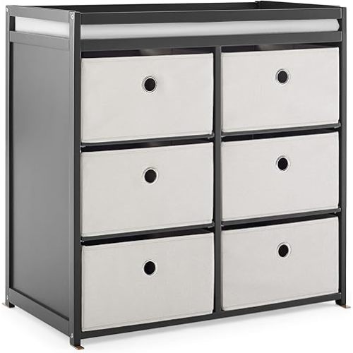 Delta Children Hayes Changing Table and Dresser for Bedroom with 6 Fabric Drawers, Charcoal Grey/Flax