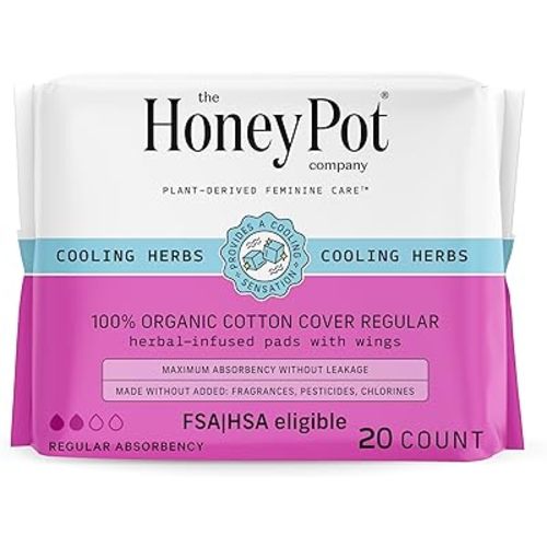 The Honey Pot Company - Herbal Sanitary Pads for Women - Regular Flow w/Wings - Infused w/Essential Oils for Cooling Effect & Organic Cotton Cover - Feminine Care - FSA & HAS - 20 ct
