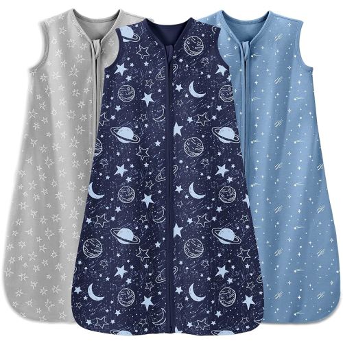 Baby Sleep Sack 0-6 Months 3 Pack 100% Cotton Lightweight 0.5 TOG Wearable Blanket Baby Sleep Bag with 2-Way Zipper for Newborn Infant Blue