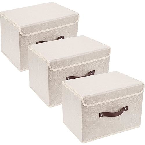 TYEERS Collapsible Storage Boxes, Washable Fabric Storage Bins with Lids, 14.9x9.8x9.8 inches, 3 Pack, Beige