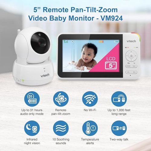 VTech VM924 Remote Pan-Tilt-Zoom Video Baby Monitor, 5" LCD Screen, Up to 17 Hrs Video Streaming, Night Vision, Up to 1000ft Range, Soothing Sounds, 2-Way Talk, Temperature Sensor,Secured Transmission - 1 Camera