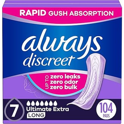 Always Discreet Adult Incontinence Pads for Women, Drier vs Poise, 7 Drop Long Length, Ultra Absorbency, Pads for Bladder Control Management, Bladder Leaks, Overnight & Postpartum Pads, 104ct