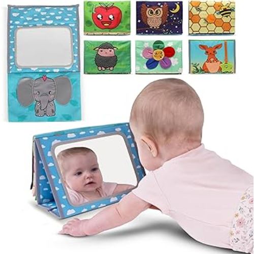 Tummy Time Mirror Toys with Soft Crinkle 3D Activity Book-Baby Teether, High Contrast Baby Toys for Newborn Tummy Time Toys Developmental Newborn Infant Sensory Toys Gift 0-12 Months