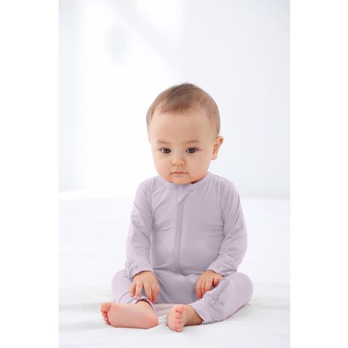 GUISBY Baby Pajamas with Mitten Cuffs - 3Pcs Girls Boys 2 Way Zipper Long Sleeve Rayon Sleepers - Oatmeal-mauve-peach - Newborn