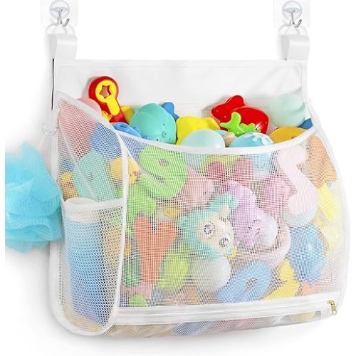 Baby Mesh Bath Toy Organizer, Multiple Ways to Hang, Ultra Large Capacity & Large Opening, Bathroom Toy Holder, Bath Toy Storage Bag With 2 Side Pockets (White)